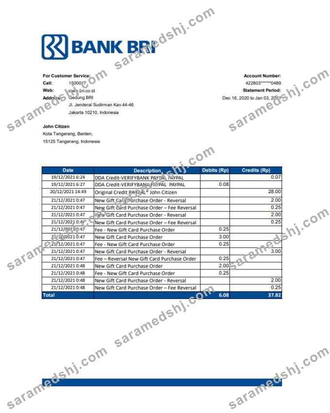 Indonesia Bank Rakyat Indonesia (BRI) bank statement template in .xls and .pdf file format